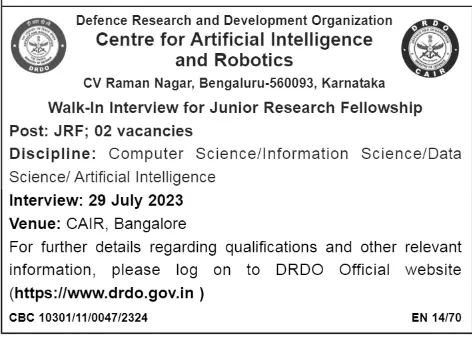 DRDO CAIR Recruitment 2023